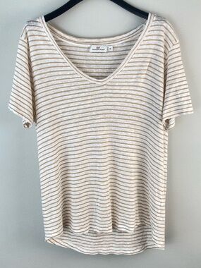 Vineyard Vines Womens V-Neck Shirt 100% Linen Short Sleeve Striped Tan White M